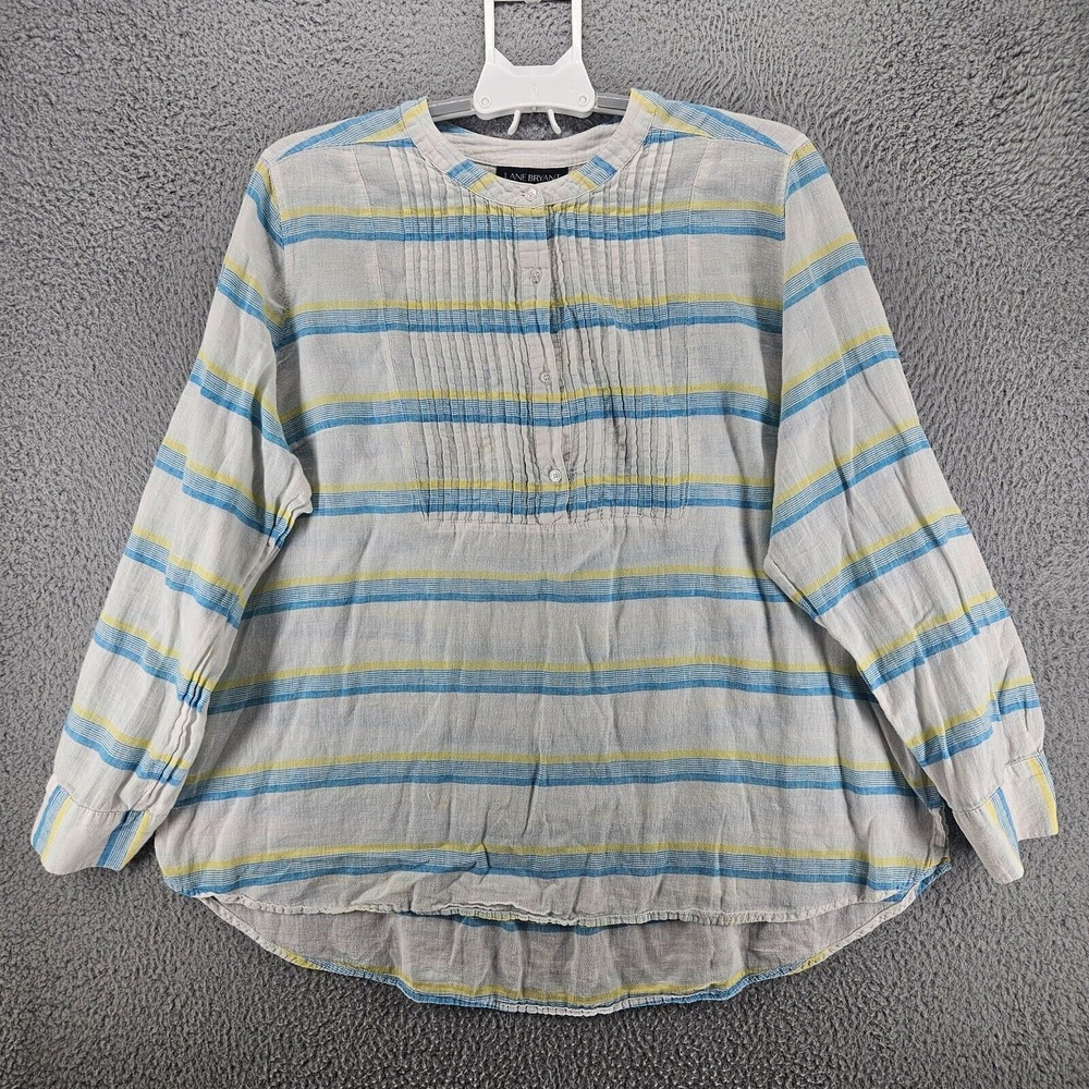 Lane Bryant Top Blouse Women's Size 22 24 Linen Blend White Blue Yellow Striped
